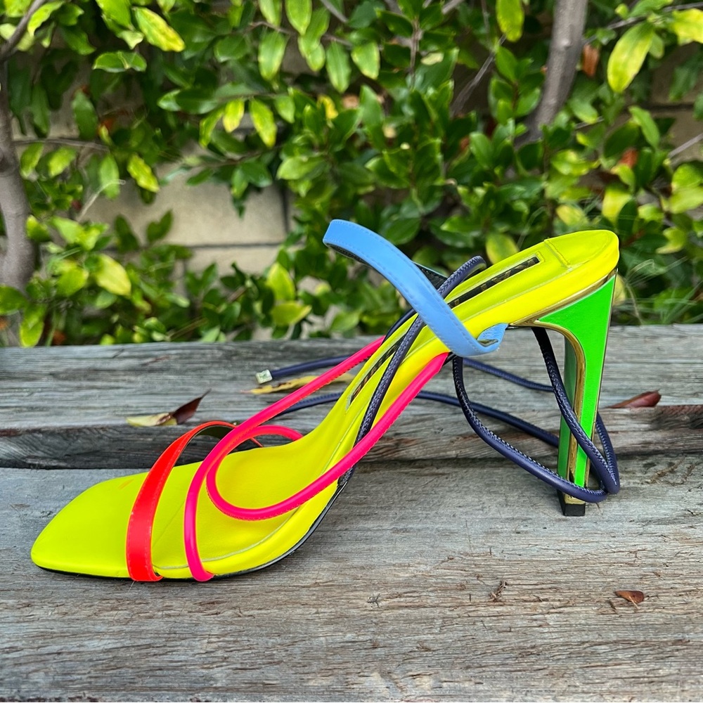 Kat Maconie Ashleigh Neon Yellow Pink Strappy Heels - Picture 10 of 14